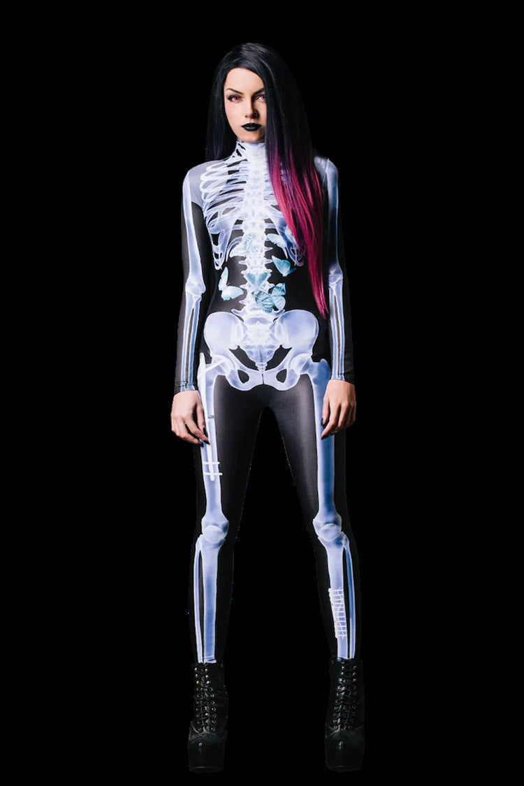 Costume Halloween Collant a maniche lungheTrasparente Scheletro 3D Stampato in un unico pezzo - Halloween Long Sleeve Tights See-through Skeleton 3D Printed One-piece