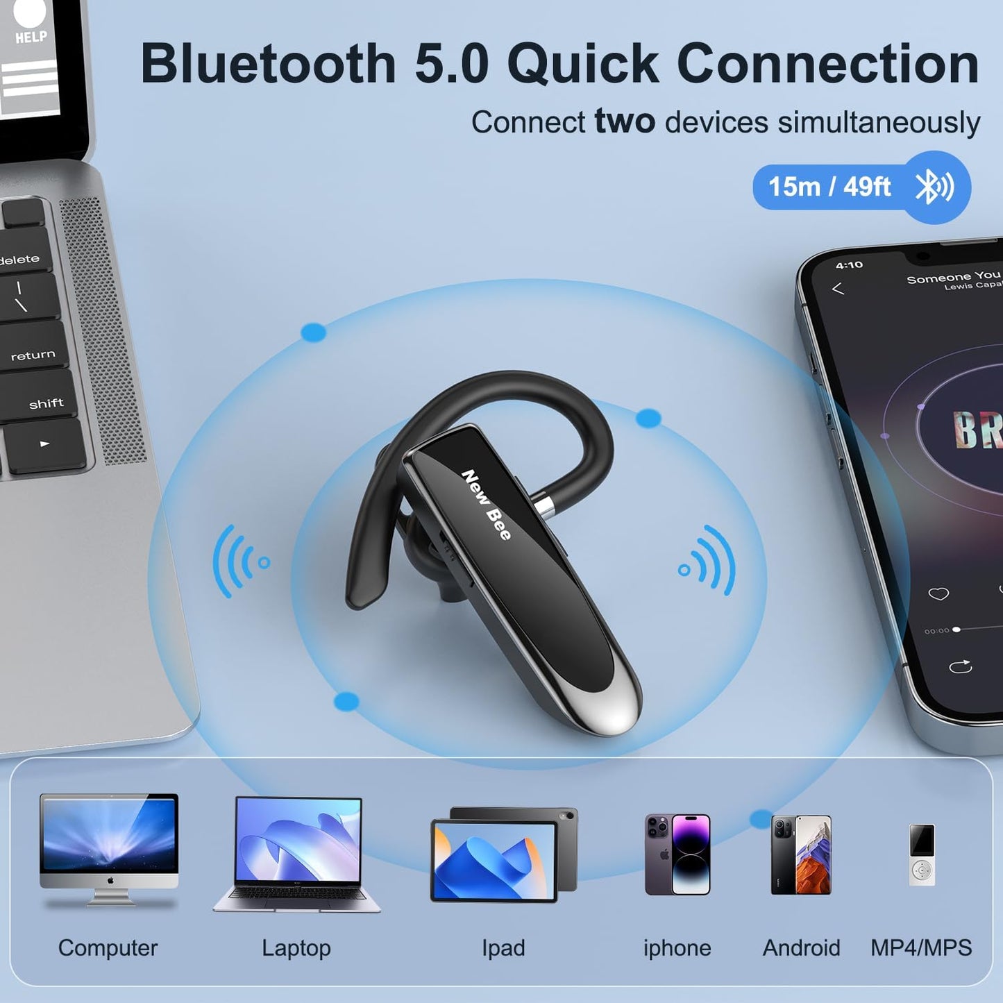 Auricolare Bluetooth Singolo 5.0 Auricolare Mani Libere New Bee Cuffia Bluetooth Mono per Huawei Samsung iPhone Cellulari Android Laptop e Altro
