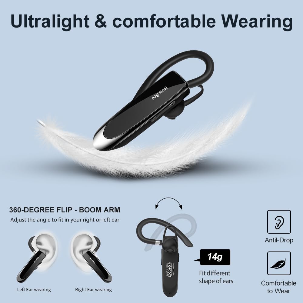 Auricolare Bluetooth Singolo 5.0 Auricolare Mani Libere New Bee Cuffia Bluetooth Mono per Huawei Samsung iPhone Cellulari Android Laptop e Altro
