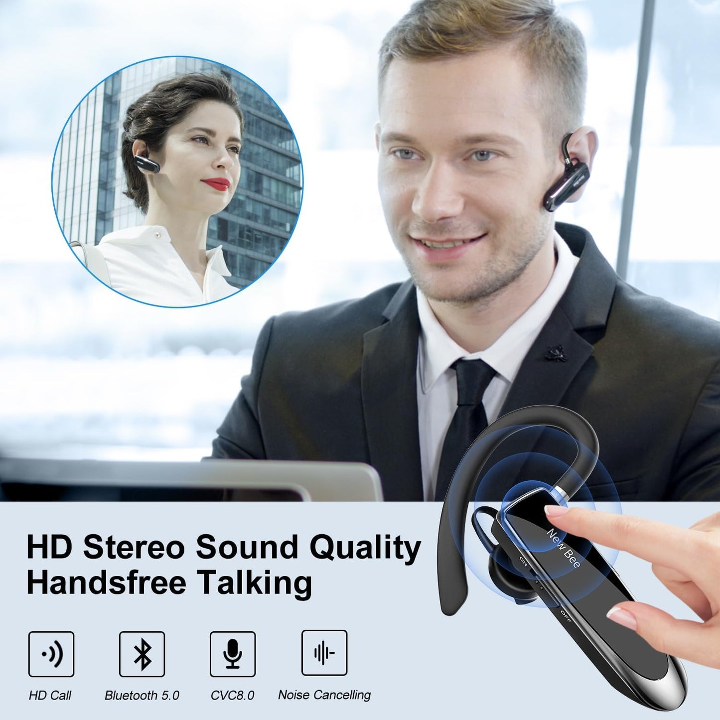Auricolare Bluetooth Singolo 5.0 Auricolare Mani Libere New Bee Cuffia Bluetooth Mono per Huawei Samsung iPhone Cellulari Android Laptop e Altro
