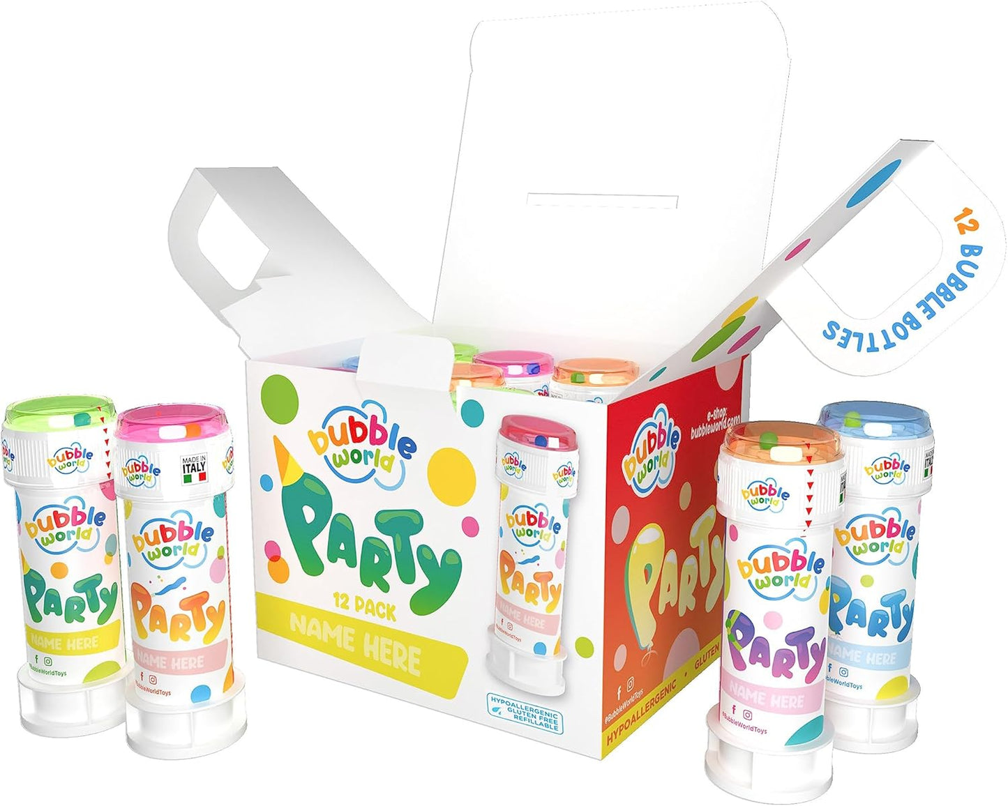 Bubble World - Party Bubbles - Bolle di Sapone - Confezione da 12pz - Tubetti monocolore e soffiatore integrato - Made in Italy