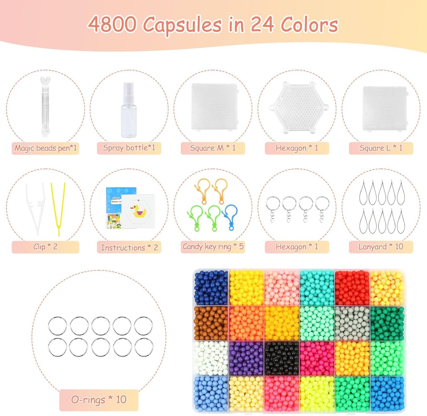 아이들을 위한 DIY 비즈, 4800개입 24가지 색깔의 끈적끈적한 물 비즈, 완벽한 키트 물 리필 비즈 물 비즈 공예 세트, 크리스마스 남녀 아동용 (3~7세)