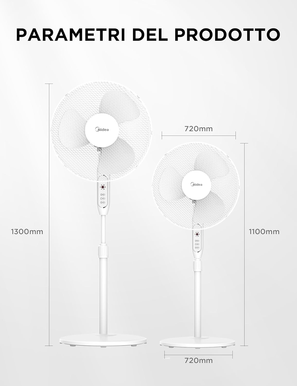 Midea MFS400M0APW0 Ventilatore a Piantana, 40W Silenzioso Ventilatore, Timer di 7 Ore Con Telecomando, 3 Livelli di Velocità, Oscillazione 90°, Altezza Regolabile da 1,1 a 1,3 Metri, Bianco