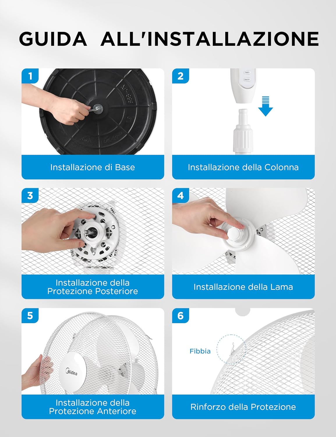 Midea MFS400M0APW0 Ventilatore a Piantana, 40W Silenzioso Ventilatore, Timer di 7 Ore Con Telecomando, 3 Livelli di Velocità, Oscillazione 90°, Altezza Regolabile da 1,1 a 1,3 Metri, Bianco