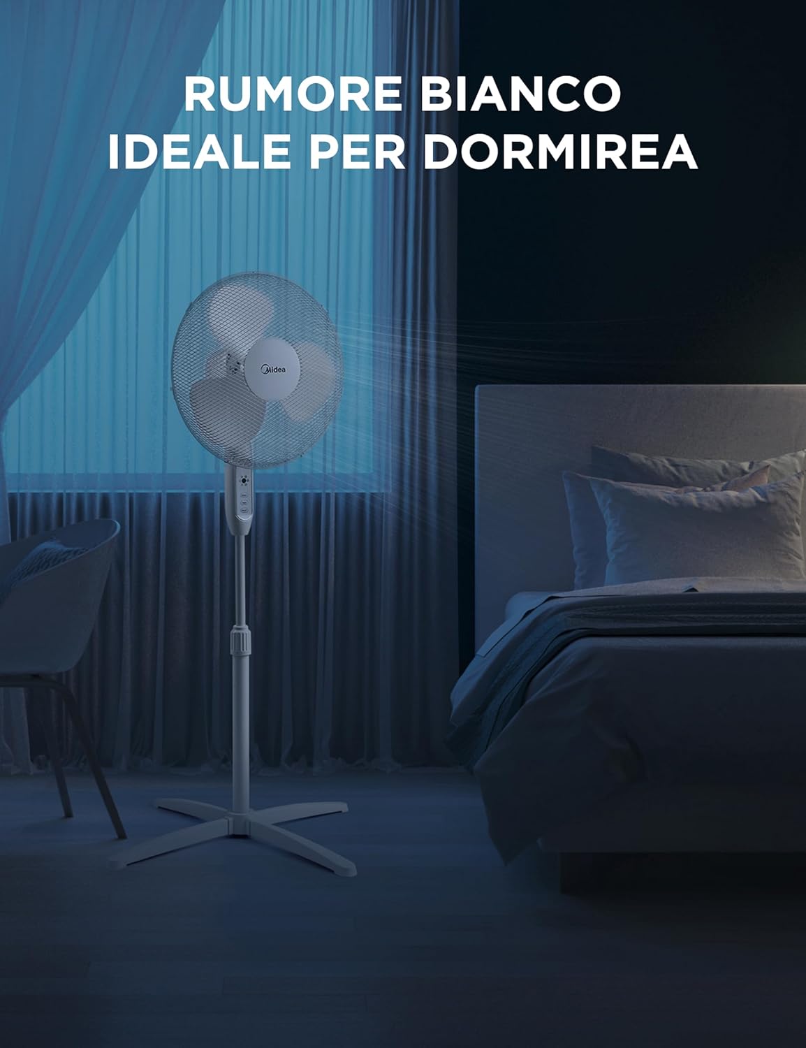 Midea MFS400M0APW0 Ventilatore a Piantana, 40W Silenzioso Ventilatore, Timer di 7 Ore Con Telecomando, 3 Livelli di Velocità, Oscillazione 90°, Altezza Regolabile da 1,1 a 1,3 Metri, Bianco