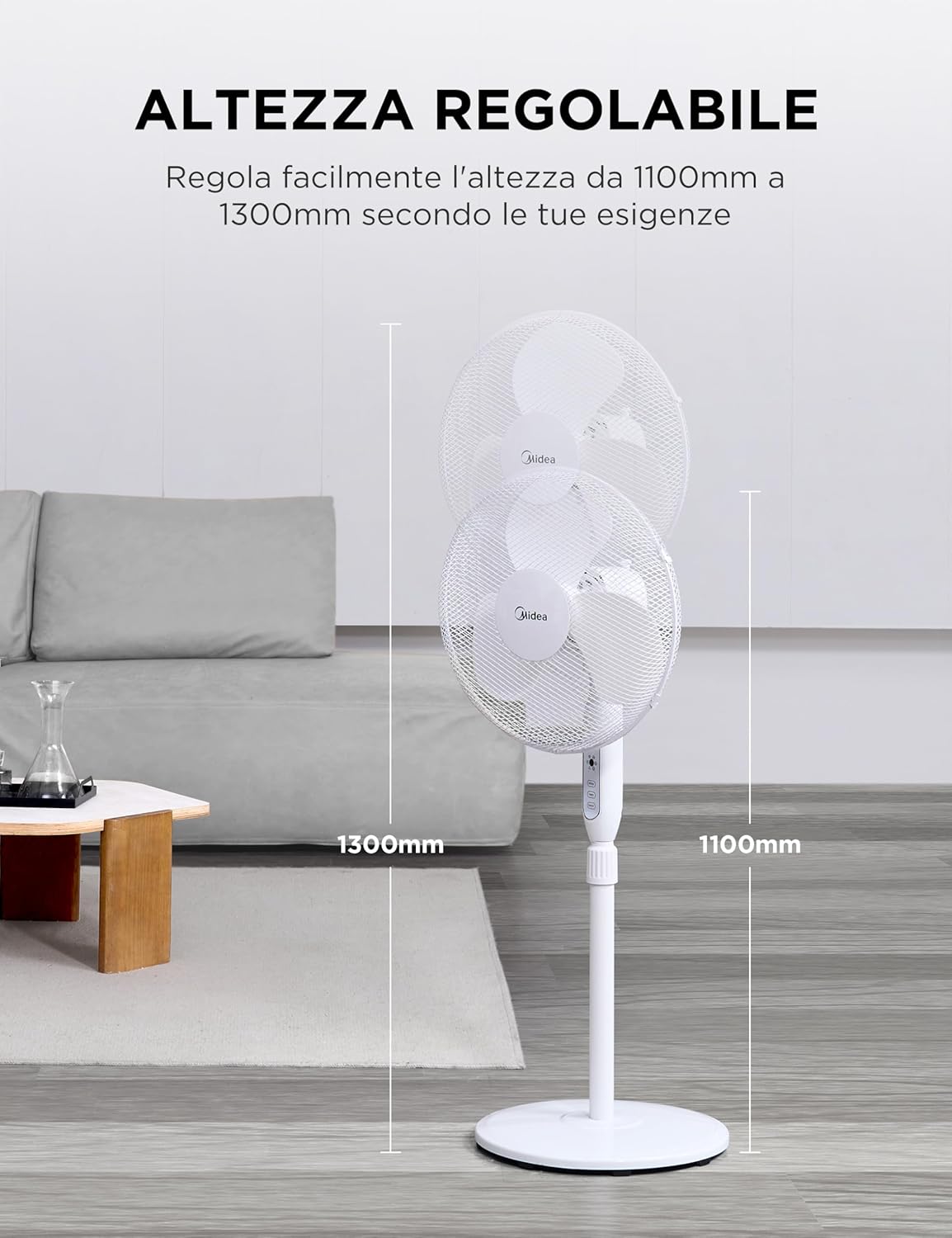 Midea MFS400M0APW0 Ventilatore a Piantana, 40W Silenzioso Ventilatore, Timer di 7 Ore Con Telecomando, 3 Livelli di Velocità, Oscillazione 90°, Altezza Regolabile da 1,1 a 1,3 Metri, Bianco