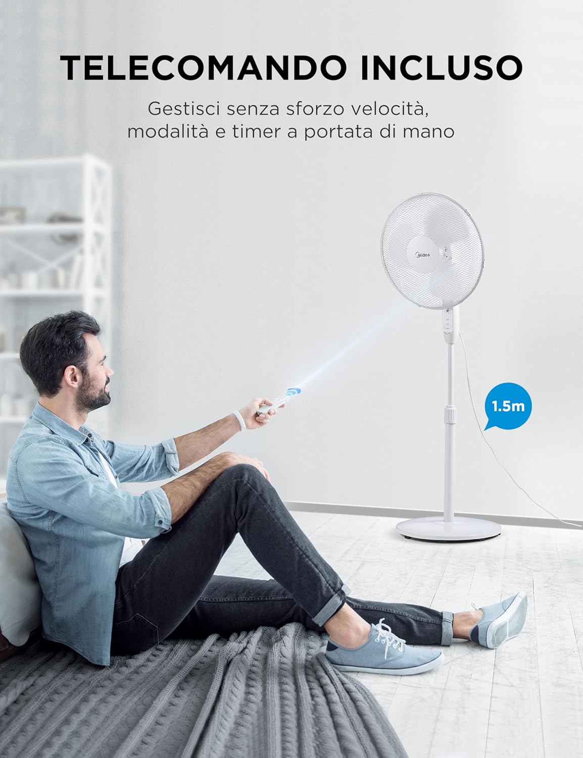Midea MFS400M0APW0 Ventilatore a Piantana, 40W Silenzioso Ventilatore, Timer di 7 Ore Con Telecomando, 3 Livelli di Velocità, Oscillazione 90°, Altezza Regolabile da 1,1 a 1,3 Metri, Bianco