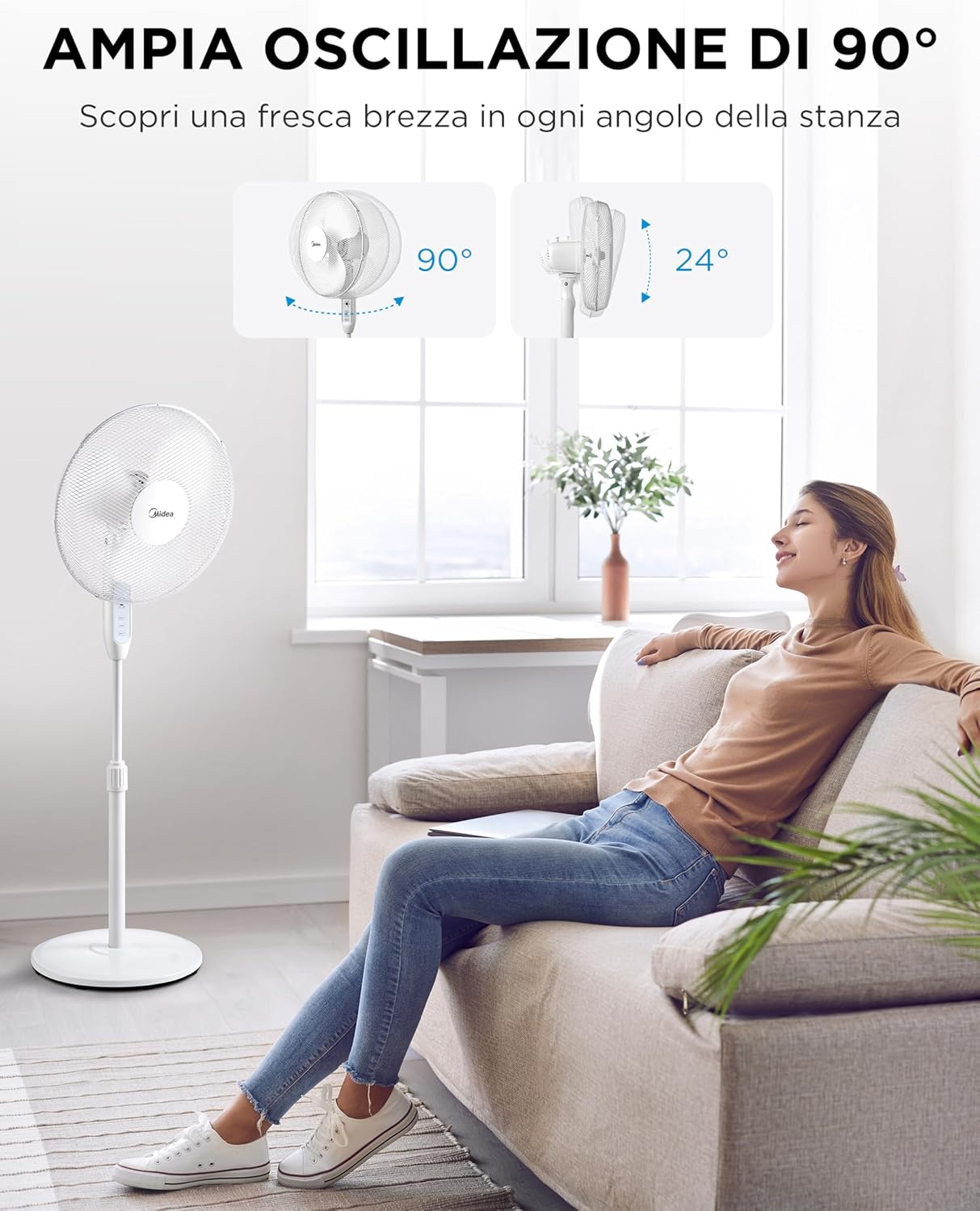 Midea MFS400M0APW0 Ventilatore a Piantana, 40W Silenzioso Ventilatore, Timer di 7 Ore Con Telecomando, 3 Livelli di Velocità, Oscillazione 90°, Altezza Regolabile da 1,1 a 1,3 Metri, Bianco