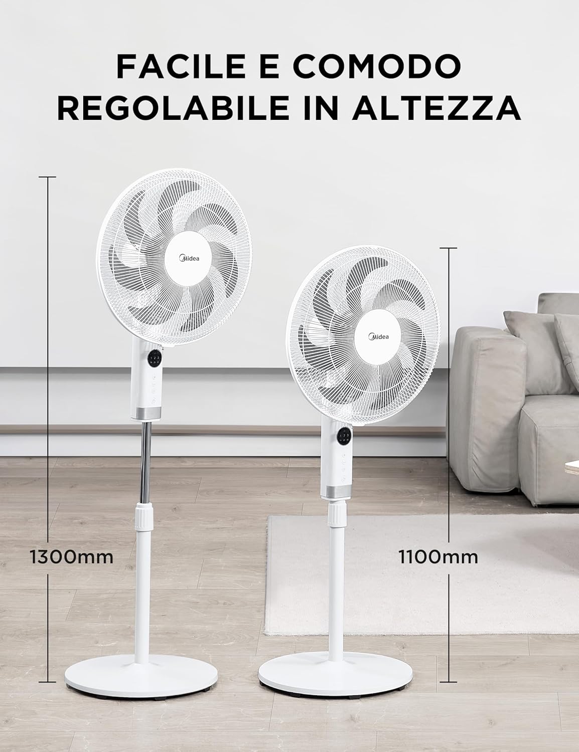 Midea MFS400R0APW Ventilatore a Piantana Silenzioso da 50W, 3 Velocità Regolabili, 7 Pale Bioniche, Oscillazione 90°, Timer 7H con Telecomando, Display LED, Motore AC Potente, Bianco