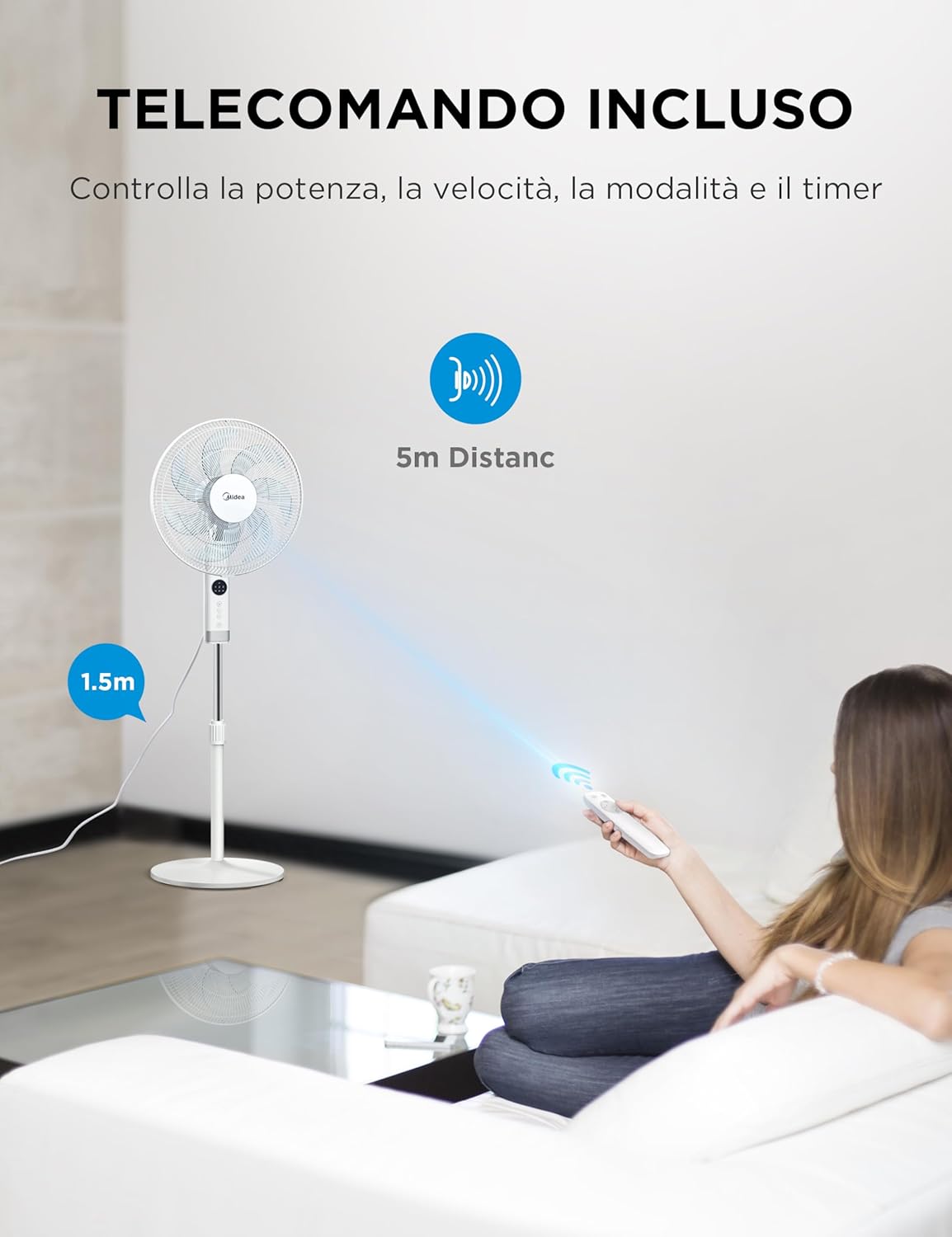 Midea MFS400R0APW Ventilatore a Piantana Silenzioso da 50W, 3 Velocità Regolabili, 7 Pale Bioniche, Oscillazione 90°, Timer 7H con Telecomando, Display LED, Motore AC Potente, Bianco