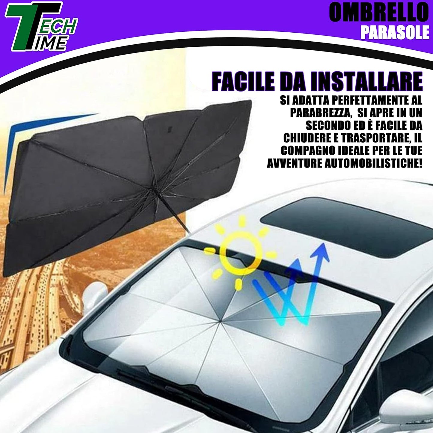 Parasole Auto – Ombrello Pieghevole per Parabrezza Interni Macchina – Schermo Anti-Uv GladeShade per Auto – Telo Proteggi Cruscotto