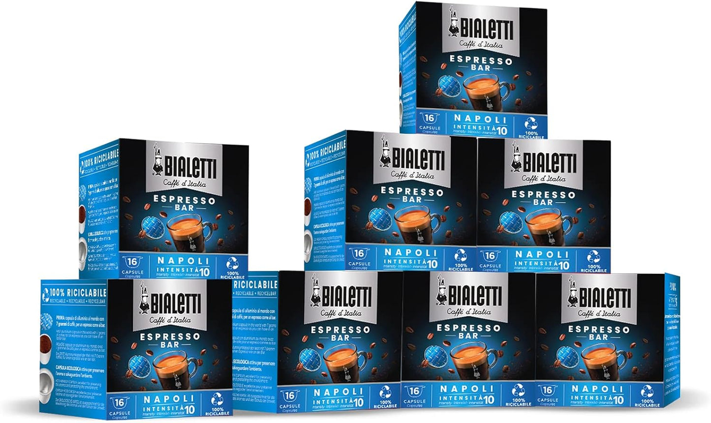 Bialetti Caffè D'Italia, Multipack 128 Capsule, 8 Box Da 16 Capsule, Napoli, Intensità 10, Compatibili con Macchine Bialetti sistema chiuso, 100% Alluminio