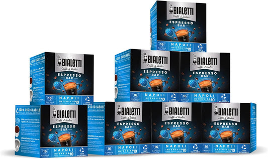 Bialetti Caffè D'Italia, Multipack 128 Capsule, 8 Box Da 16 Capsule, Napoli, Intensità 10, Compatibili con Macchine Bialetti sistema chiuso, 100% Alluminio