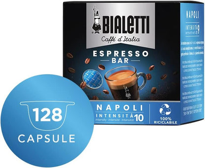 Bialetti Caffè D'Italia, Multipack 128 Capsule, 8 Box Da 16 Capsule, Napoli, Intensità 10, Compatibili con Macchine Bialetti sistema chiuso, 100% Alluminio