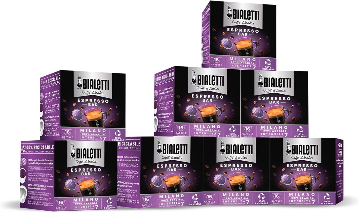 Bialetti Caffè D'Italia, Multipack 128 Capsule, 8 Box Da 16 Capsule, Napoli, Intensità 10, Compatibili con Macchine Bialetti sistema chiuso, 100% Alluminio