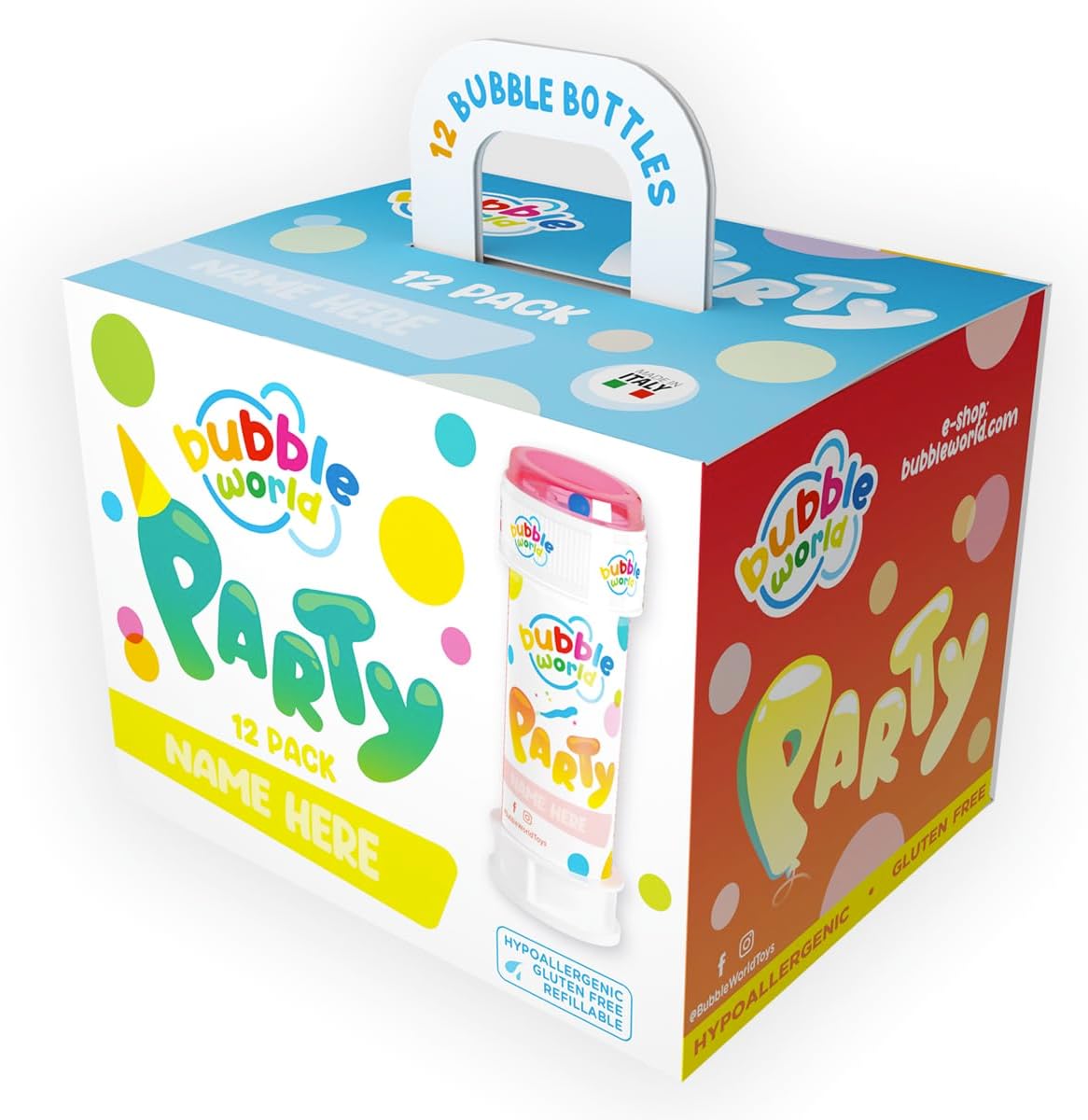 Bubble World - Party Bubbles - Bolle di Sapone - Confezione da 12pz - Tubetti monocolore e soffiatore integrato - Made in Italy