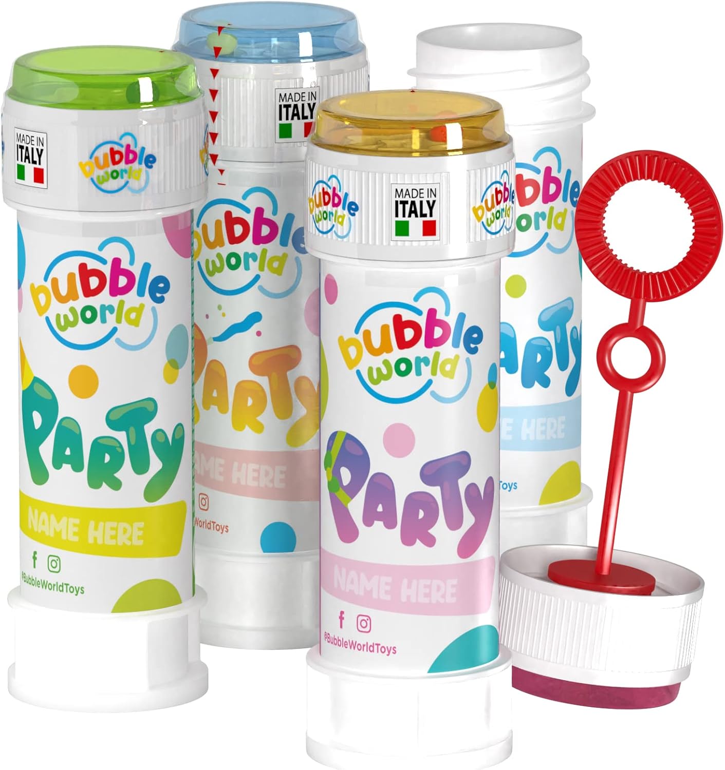 Bubble World - Party Bubbles - Bolle di Sapone - Confezione da 12pz - Tubetti monocolore e soffiatore integrato - Made in Italy