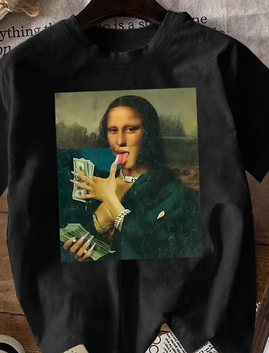 Maglietta Donna Nera con Stampa Umoristica di Monna Lisa e Banconote – T-Shirt Casual a Maniche Corte con Design Astratto, Lavabile in Lavatrice, Perfetta per Feste e Outfit Informali | Maglia Divertente | Top per Tutte le Stagioni