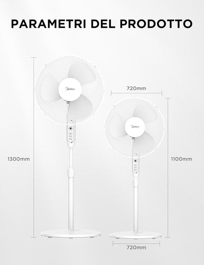 Midea MFS400M0APW0 Ventilatore a Piantana, 40W Silenzioso Ventilatore, Timer di 7 Ore Con Telecomando, 3 Livelli di Velocità, Oscillazione 90°, Altezza Regolabile da 1,1 a 1,3 Metri, Bianco
