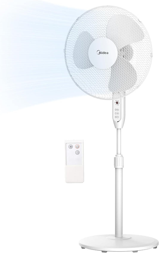 Midea MFS400M0APW0 Ventilatore a Piantana, 40W Silenzioso Ventilatore, Timer di 7 Ore Con Telecomando, 3 Livelli di Velocità, Oscillazione 90°, Altezza Regolabile da 1,1 a 1,3 Metri, Bianco