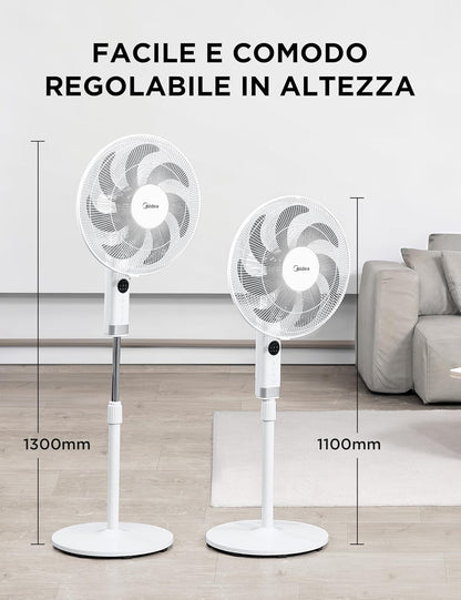 Midea MFS400R0APW Ventilatore a Piantana Silenzioso da 50W, 3 Velocità Regolabili, 7 Pale Bioniche, Oscillazione 90°, Timer 7H con Telecomando, Display LED, Motore AC Potente, Bianco
