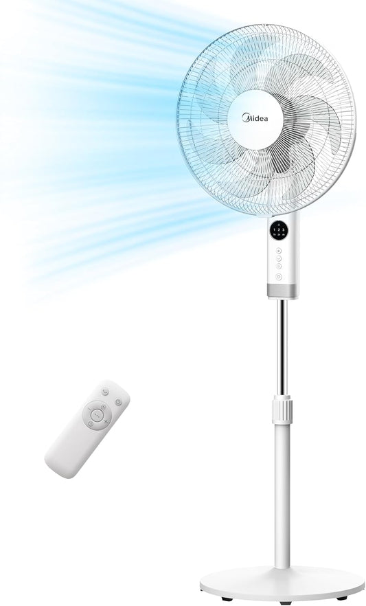 Midea MFS400R0APW Ventilatore a Piantana Silenzioso da 50W, 3 Velocità Regolabili, 7 Pale Bioniche, Oscillazione 90°, Timer 7H con Telecomando, Display LED, Motore AC Potente, Bianco